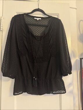 DR2 Black Swiss Dot Boho Peasant Blouse with Tassel Detail